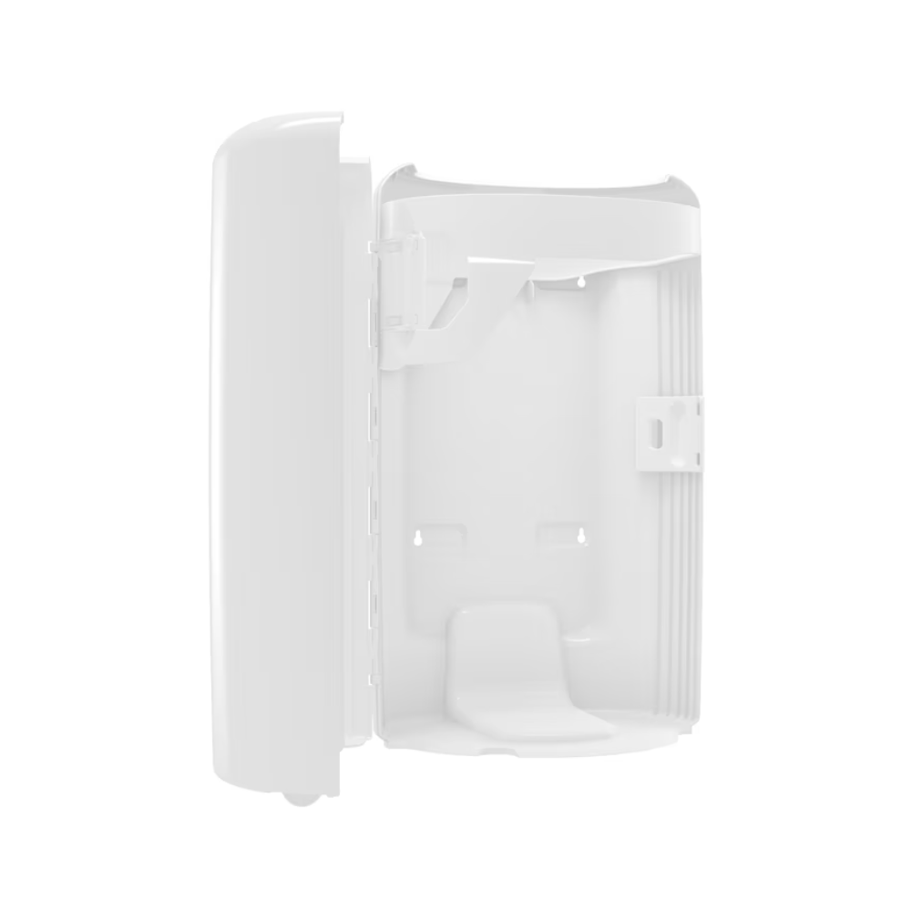 Ο κάδος απορριμμάτων Tork 563000 Elevation από την Essity Professional Hygiene Germany GmbH είναι ένα κομψό, λευκό πλαστικό περίβλημα για τοποθέτηση στον τοίχο με μια αναδιπλούμενη πόρτα. Η λεία, στρογγυλεμένη μορφή του είναι ευέλικτη και προσφέρει διάφορες επιλογές τοποθέτησης για την υποδοχή ηλεκτρονικών ή επικοινωνιακών εξαρτημάτων σε έναν ανοιχτό και μινιμαλιστικό εσωτερικό χώρο.