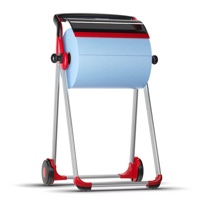 Ένας Tork 652008 διανομέας ρολών δαπέδου Performance W1, μάρκα TORK – Essity Professional Hygiene Germany GmbH, χωράει ένα μεγάλο ρολό χαρτοπετσέτας και είναι εξοπλισμένος με ρόδες για κινητικότητα. Ο διανομέας διαθέτει κομψό κόκκινο-μαύρο σχέδιο και έχει ανθεκτικό μεταλλικό πλαίσιο και οδοντωτή άκρη για να διευκολύνει το σκίσιμο των φύλλων.