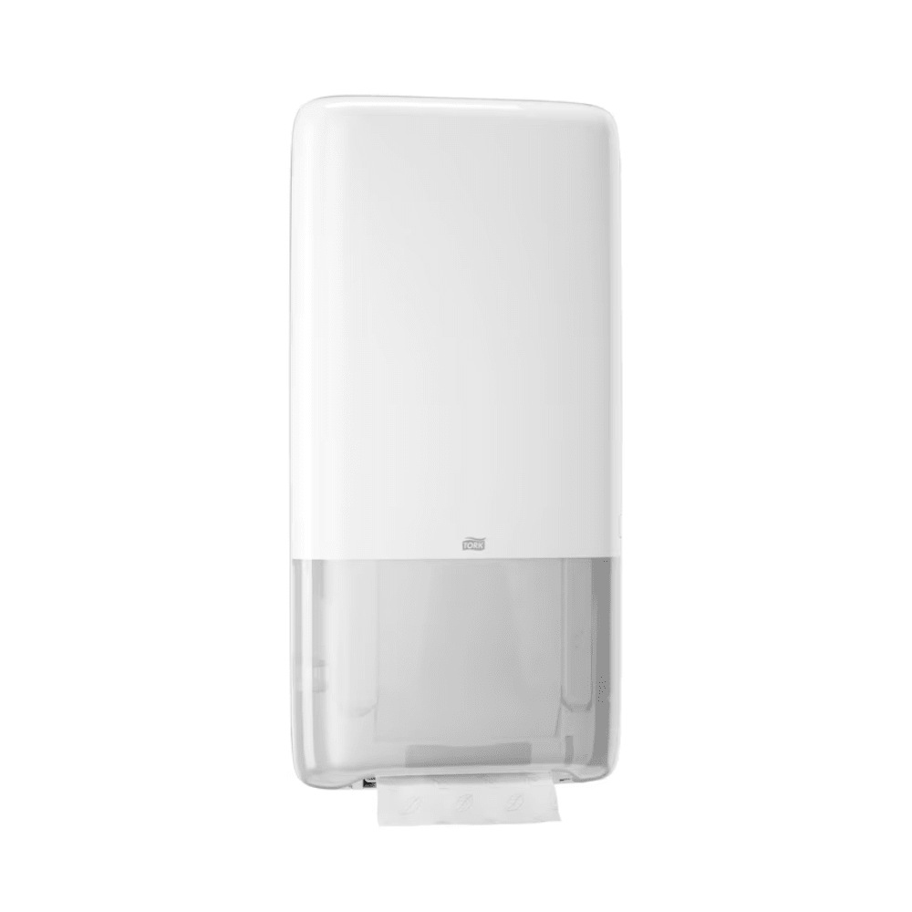Η συσκευή Tork PeakServe® 552500 για ατελείωτες πετσέτες χεριών Elevation H5 από την TORK – Essity Professional Hygiene Germany GmbH είναι μια λευκή επιτοίχια συσκευή με διαφανή βάση, που επιτρέπει την οπτική επαφή με τις πετσέτες χεριών στο εσωτερικό. Είναι σχεδιασμένη για χώρους υγιεινής υψηλής συχνότητας και προσφέρει αποδοτικότητα, καθώς ένα μόνο φύλλο ατελείωτων πετσετών χεριών είναι πάντα ορατό και έτοιμο προς χρήση.