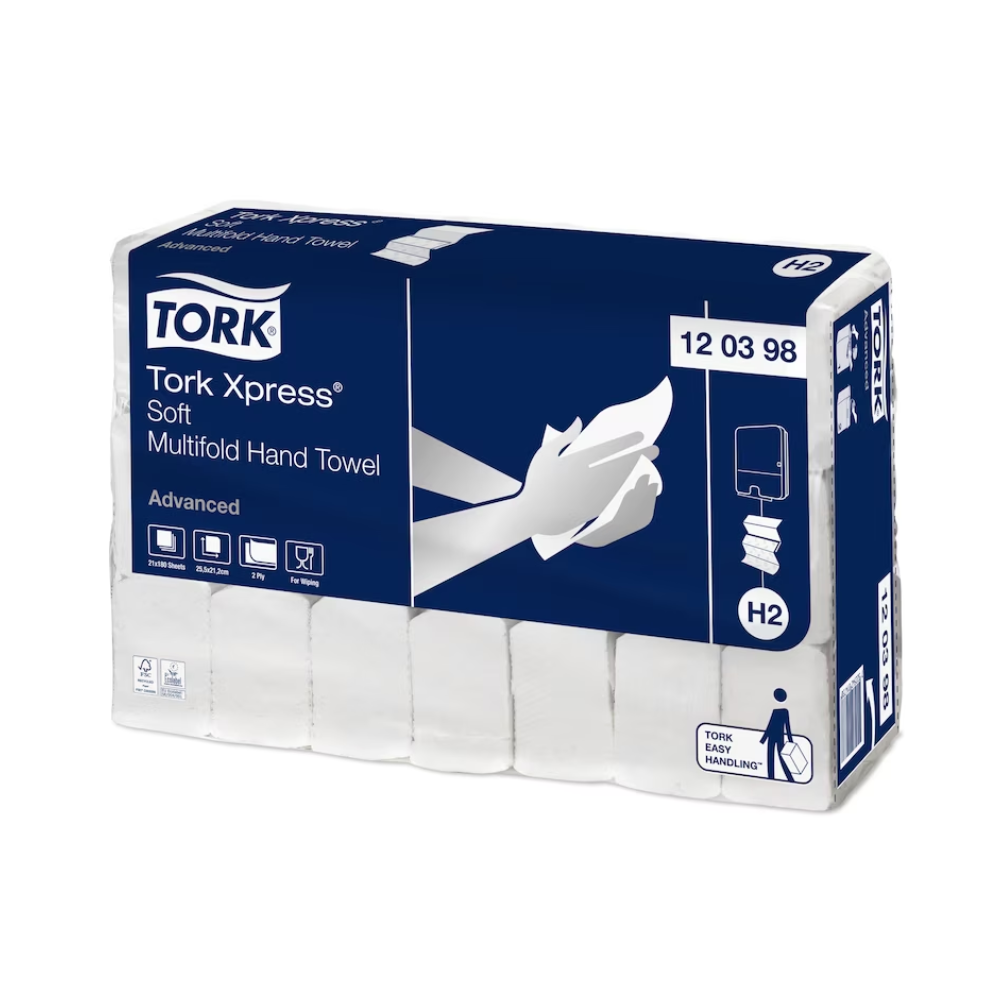 Μια συσκευασία Tork Xpress® 120398 μαλακές πολλαπλών πτυχών πετσέτες χεριών Advanced H2 2-στρώσεων, με σχέδιο με χέρια στις πετσέτες χεριών και μπλε και λευκά στοιχεία, κατασκευασμένες από ανακυκλωμένες ίνες και με 21 συσκευασίες ανά κουτί.