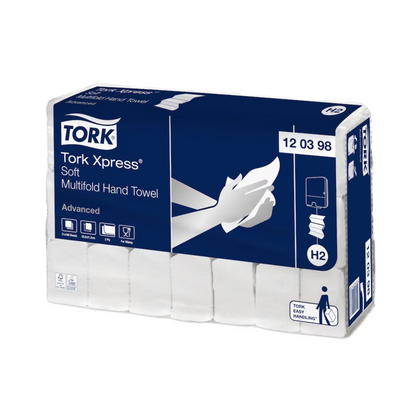 Μια συσκευασία Tork Xpress® 120398 μαλακές πολλαπλών πτυχών πετσέτες χεριών Advanced H2 2-στρώσεων, με σχέδιο με χέρια στις πετσέτες χεριών και μπλε και λευκά στοιχεία, κατασκευασμένες από ανακυκλωμένες ίνες και με 21 συσκευασίες ανά κουτί.