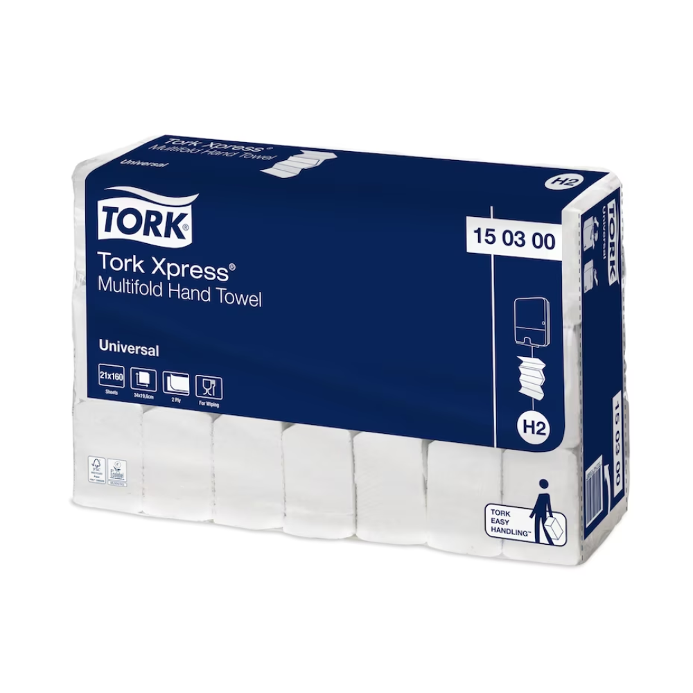 Παρουσιάζονται οι πετσέτες χειρός Tork Xpress® 150300 Multifold Universal H2, ένα προϊόν της TORK – Essity Professional Hygiene Germany GmbH. Η μπλε-λευκή συσκευασία τονίζει λεπτομέρειες όπως η συμβατότητα με το σύστημα H2, με έξι δεσμίδες πετσετών ανά συσκευασία και ένα φιλικό προς τον χρήστη σχέδιο που εγγυάται εξαιρετική υγιεινή.