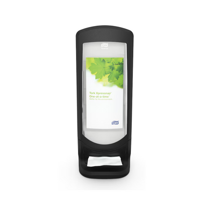 Ο Tork Xpressnap® 272211 Steh- und Wandspender N4 από την TORK - Essity Professional Hygiene Germany GmbH είναι ένας μαύρος, ελεύθερος διανομέας με μια διαφανή μπροστινή πλευρά με σχέδιο πράσινου φύλλου και την επιγραφή «Einzeln». Αυτό το προϊόν βελτίωσης υγιεινής εξασφαλίζει εύκολη πρόσβαση στις χαρτοπετσέτες, οι οποίες είναι άνετα τοποθετημένες στο μπροστινό άνοιγμα.