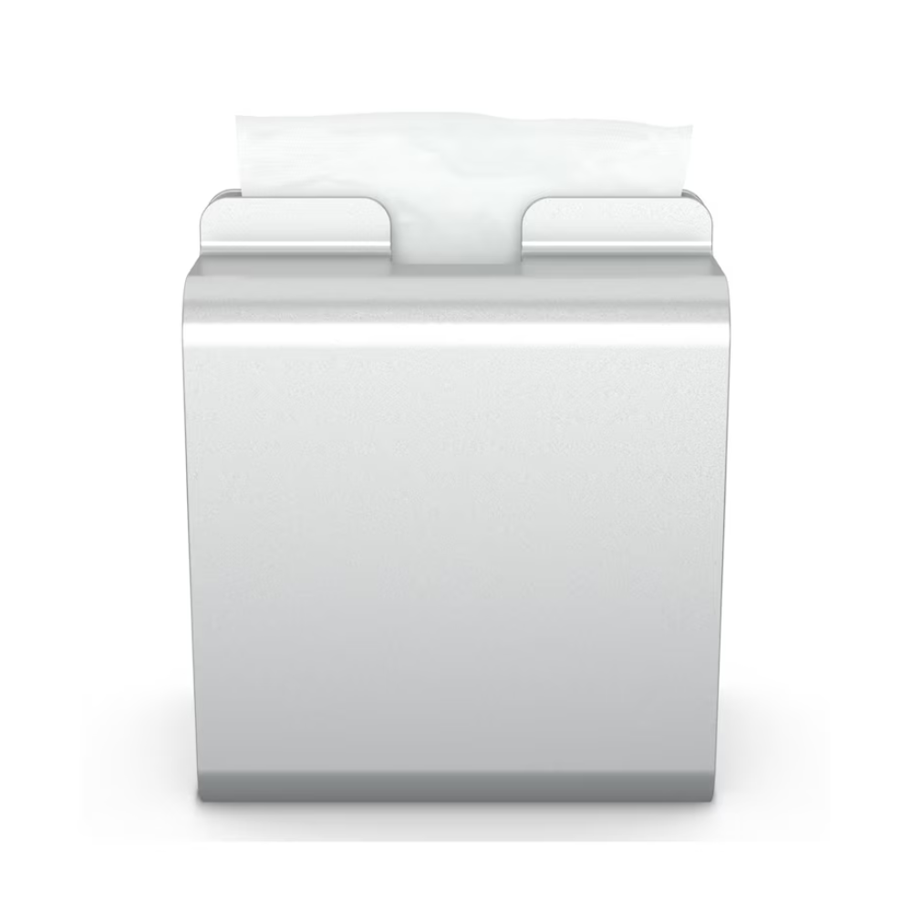 Ο κατασκευασμένος από αλουμίνιο διανομέας χαρτοπετσετών Tork Xpressnap® 274002 από την Essity Professional Hygiene Germany GmbH παρουσιάζει μπροστά από ένα απλό λευκό φόντο ένα κομψά τραβηγμένο λευκό πανί - ιδανικό για εστιατόρια αυτοεξυπηρέτησης.