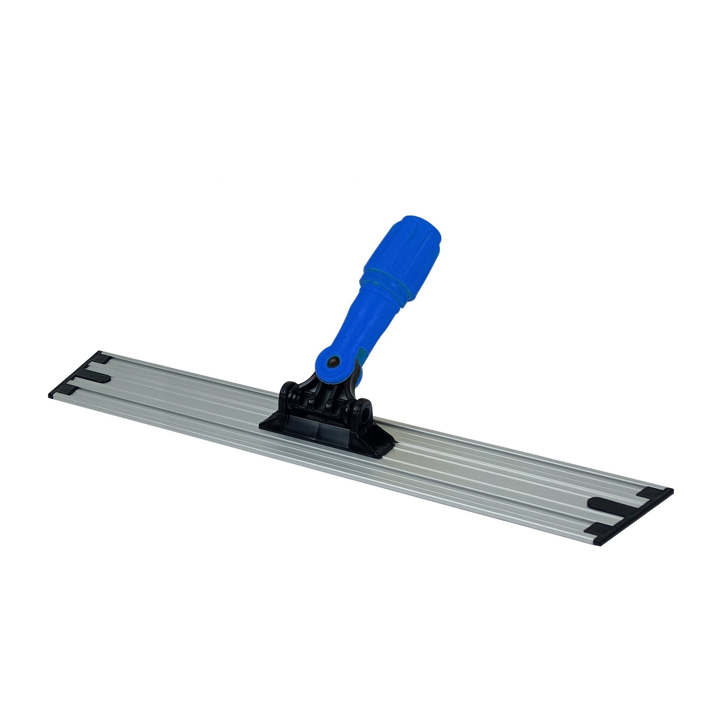 Η βάση σφουγγαρίστρας Arcora Ultra Velcro Klettmopphalter Aluminium της Arcora International GmbH διαθέτει ένα μακρύ, επίπεδο, ασημί πόδι αλουμινίου με μπλε και μαύρες πινελιές και έναν πλαστικό στροφέα για τη στερέωση του κονταριού - ιδανική για τον επαγγελματικό καθαρισμό δαπέδων, εδώ σε λευκό.