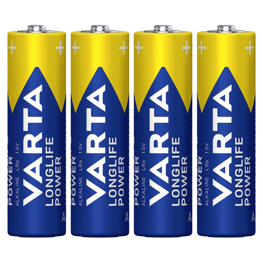 Τέσσερις μπαταρίες Varta AG Industrial Pro Mignon AA, τοποθετημένες κάθετα η μία πίσω από την άλλη, με μπλε και κίτρινες ετικέτες.
