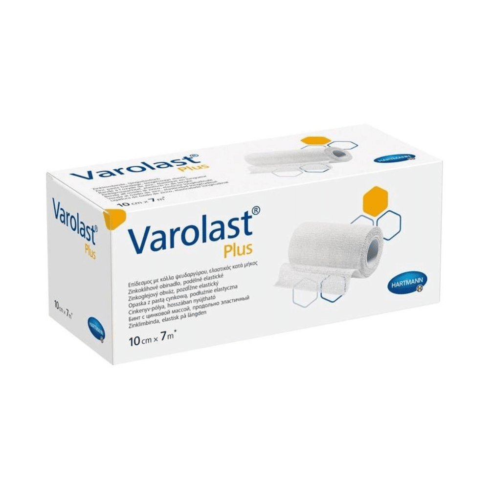 Η εικόνα δείχνει μια συσκευασία Hartmann Varolast® Plus Zinkleimbinde, που περιέχει έναν επίδεσμο ψευδαργύρου μεγέθους 10 cm x 7 m. Η συσκευασία περιλαμβάνει εικόνες προϊόντων, εξαγωνικά γραφικά, το λογότυπο της Paul Hartmann AG και περιγραφές σε πολλές γλώσσες. Είναι σχεδιασμένη για ασθένειες όπως οίδημα και φλεβίτιδα.