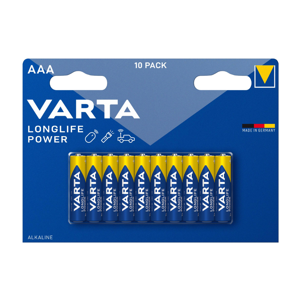 Μια συσκευασία 10 τεμαχίων Varta AG Longlife Power Micro AAA μπαταρίες, παρουσιασμένη σε μπλε-κίτρινη χάρτινη συσκευασία, επισημασμένη με τη μάρκα και το μέγεθος της μπαταρίας, σχεδιασμένη για υψηλή ενεργειακή ανάγκη.
