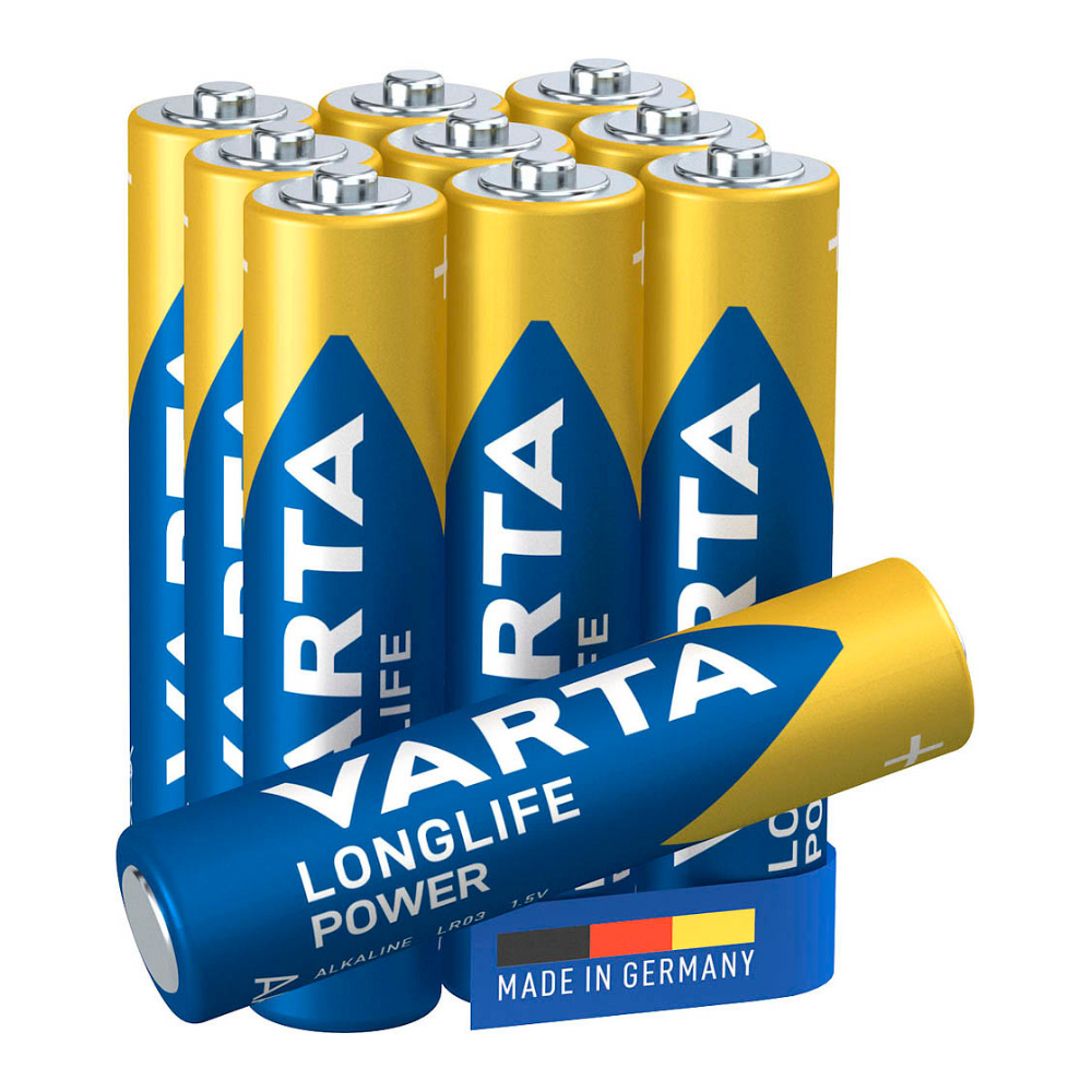 Έξι μπαταρίες Varta Longlife Power Micro AAA στοιβαγμένες η μία πάνω στην άλλη, μία από αυτές βρίσκεται μπροστά, με μπλε και κίτρινο λογότυπο της μάρκας και την επιγραφή «Made in Germany».