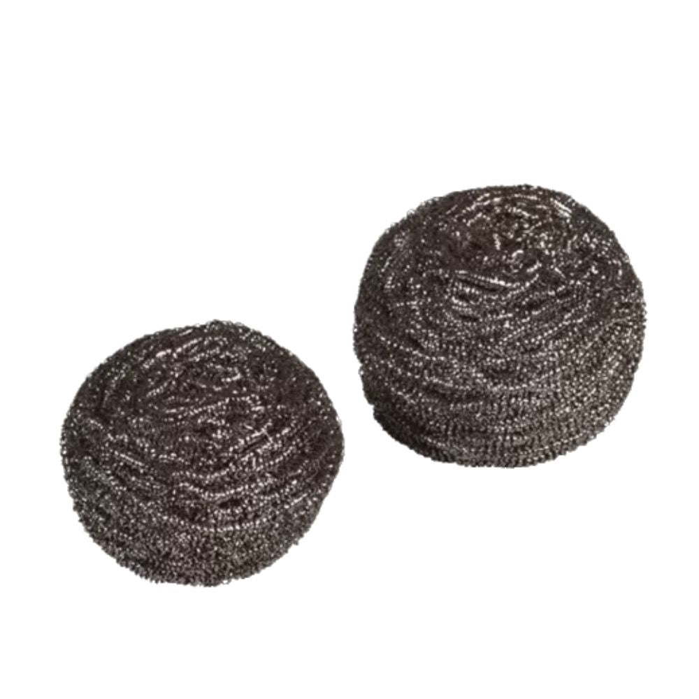 Ένα ζευγάρι στρογγυλές σπείρες καθαρισμού από ανοξείδωτο χάλυβα με τυλιγμένη δομή σύρματος, τοποθετημένες δίπλα-δίπλα σε λευκό φόντο. Αυτή η επαγγελματική σπείρα καθαρισμού Inox της Vileda από την Vileda GmbH έχει σχεδιαστεί για σκληρές εργασίες καθαρισμού και προσφέρει αντοχή και αποτελεσματικότητα.