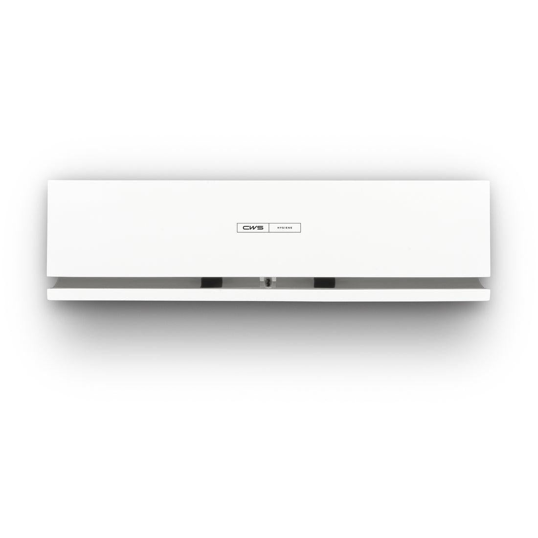 Το μπροστινό πάνελ CWS για το διανομέα αρωμάτων Air Bar είναι ένα απλό, λευκό, ορθογώνιο πάνελ τοποθετημένο στον τοίχο με ένα μικρό λογότυπο CWS στο κέντρο και μια εμφανή έξοδο αέρα στο κάτω μέρος, που αντικατοπτρίζει μοντέρνο σχεδιασμό.