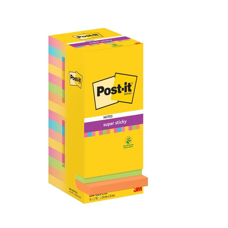 Μια συσκευασία με 16 Post-it® Super Sticky Notes (76 x 76 mm, 90 φύλλα/μπλοκ) σε διάφορα χρώματα της 3M Deutschland GmbH, πιστοποιημένη PEFC (SGSCH-PEFC-COC-110078), με πληροφορίες προϊόντος και λογότυπα στο λευκό κουτί.
