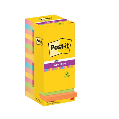 Μια συσκευασία με 16 Post-it® Super Sticky Notes (76 x 76 mm, 90 φύλλα/μπλοκ) σε διάφορα χρώματα της 3M Deutschland GmbH, πιστοποιημένη PEFC (SGSCH-PEFC-COC-110078), με πληροφορίες προϊόντος και λογότυπα στο λευκό κουτί.