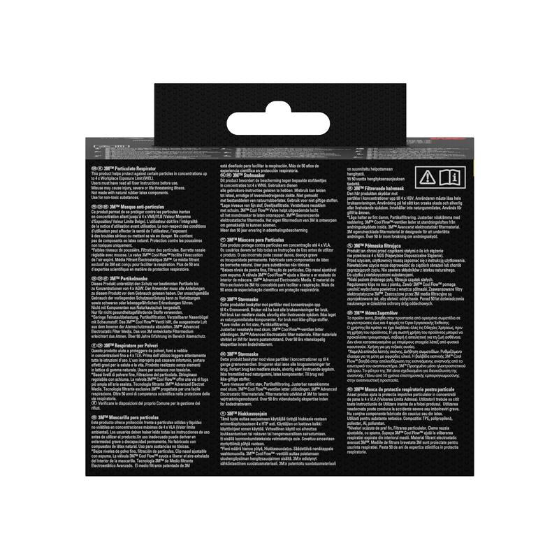 Η πίσω πλευρά της μάσκας σωματιδίων 3M™ 8810, FFP2, χωρίς βαλβίδα (συσκευασία 3 τεμαχίων) από την 3M Deutschland GmbH είναι εξοπλισμένη με πολυγλωσσικό λευκό κείμενο σε μαύρο φόντο, μια θηλιά ανάρτησης με εγκοπή στην κορυφή και δύο μικρά σύμβολα στην πάνω δεξιά γωνία.