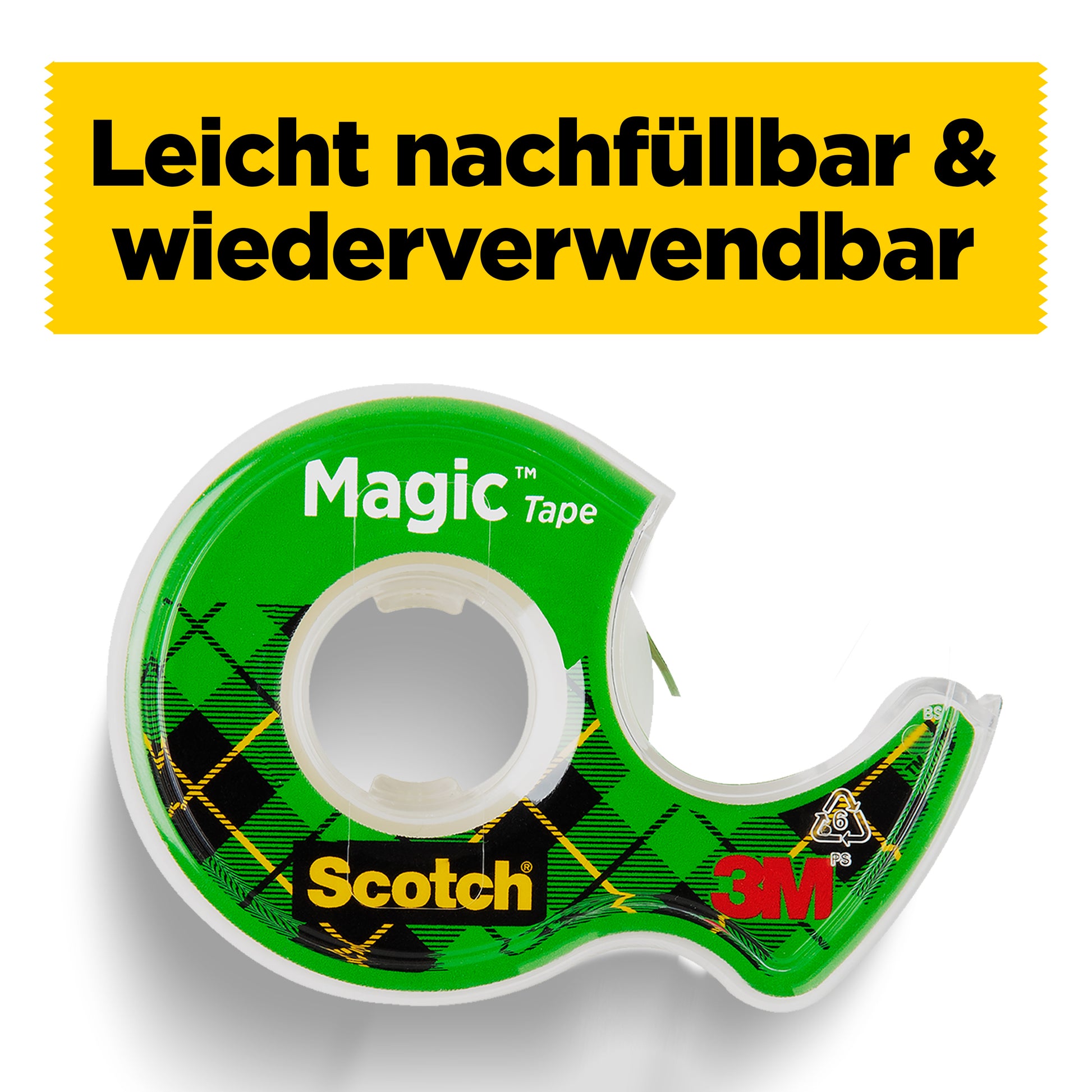 Ein Scotch® Magic™ Unsichtbares Klebeband (1 Rolle, 19 mm x 7,5 m) mit grünem Handabroller von 3M Deutschland GmbH ist unter einem gelben Banner mit "Leicht nachfüllbar & wiederverwendbar" abgebildet.