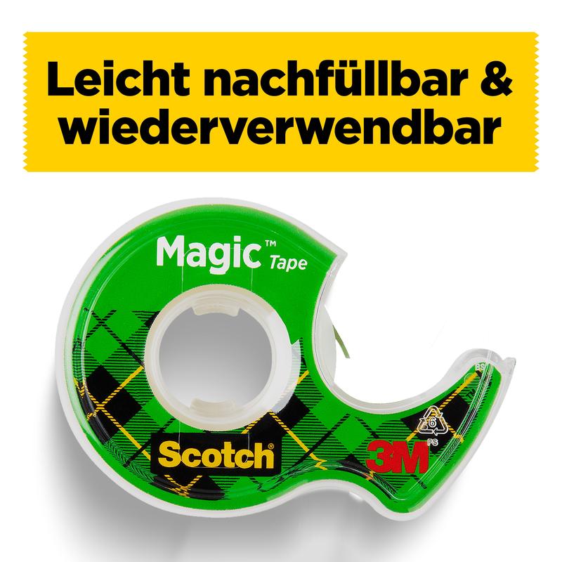 Ένας πράσινος διανομέας Scotch® Magic™ Αόρατη Ταινία με καρό σχέδιο κρατά ένα ρολό. Γερμανικό κείμενο σε κίτρινο φόντο: "Εύκολη αναπλήρωση & επαναχρησιμοποιήσιμη." Προϊόν: 3M Deutschland GmbH, 8-1925R3, 19 mm x 25 m, 3 ρολά/συσκευασία αναπλήρωσης.