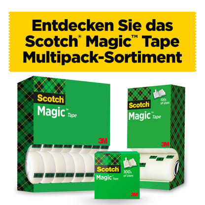 Drei Packungen 3M Deutschland GmbH Scotch® Magic™ Unsichtbares Klebeband, Vorteilspack (8 Rollen, 19 mm x 33 m) stehen vor weißem Hintergrund mit dem Banner "Entdecken Sie das Scotch Magic Tape Multipack-Sortiment". Ideal für Büro und Zuhause.
