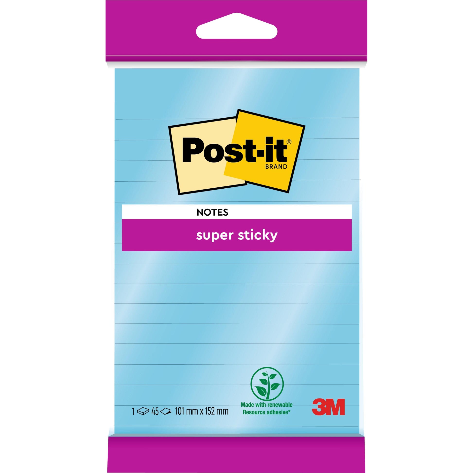 Eine Packung Post-it® Super Sticky Notes im Großformat, liniert, 102 mm x 152 mm, 45 Blatt/Block, von 3M Deutschland GmbH, mit extra starkem Halt und 100% PEFC-Siegel auf der Verpackung.