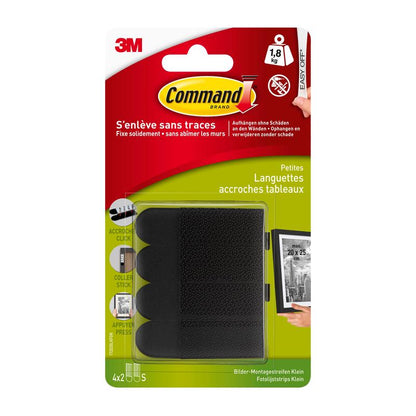 Μια συσκευασία 3M Deutschland GmbH Command™ Strips τοποθέτησης εικόνων S, μικρό, μαύρο (17202BLK) για την ανάρτηση εικόνων χωρίς καρφιά, αντέχει έως 1,8 kg. Η συσκευασία στα γερμανικά και γαλλικά δείχνει μια πρότυπη κορνίζα σε έναν τοίχο.