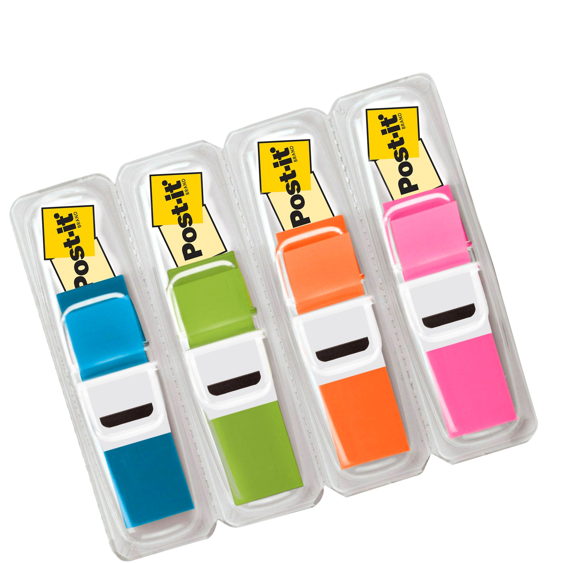 Drei Post-it® Index Haftstreifen Mini-Spender plus ein Gratis-Spender mit je 35 transparenten Haftstreifen (blau, grün, orange, pink), 11,9 x 43,2 mm von 3M Deutschland GmbH. Jeder Spender ist oben mit einem gelben Post-it Etikett versehen.