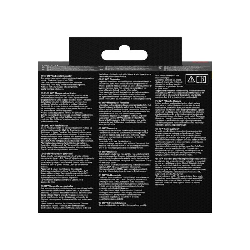 Η συσκευασία προϊόντος της 3M™ Quick Latch αναπνευστικής μάσκας 6502QLKIT-1 (A2P3, για οργανικούς ατμούς) από την 3M Deutschland GmbH δείχνει πολυγλωσσικές οδηγίες καθώς και εικονίδια για χρήση με ανταλλάξιμα φίλτρα σε μαύρο φόντο με άγκιστρο κρεμάσματος.