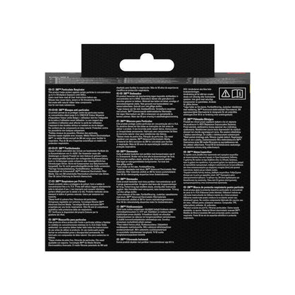 Η συσκευασία προϊόντος της 3M™ Quick Latch αναπνευστικής μάσκας 6502QLKIT-1 (A2P3, για οργανικούς ατμούς) από την 3M Deutschland GmbH δείχνει πολυγλωσσικές οδηγίες καθώς και εικονίδια για χρήση με ανταλλάξιμα φίλτρα σε μαύρο φόντο με άγκιστρο κρεμάσματος.