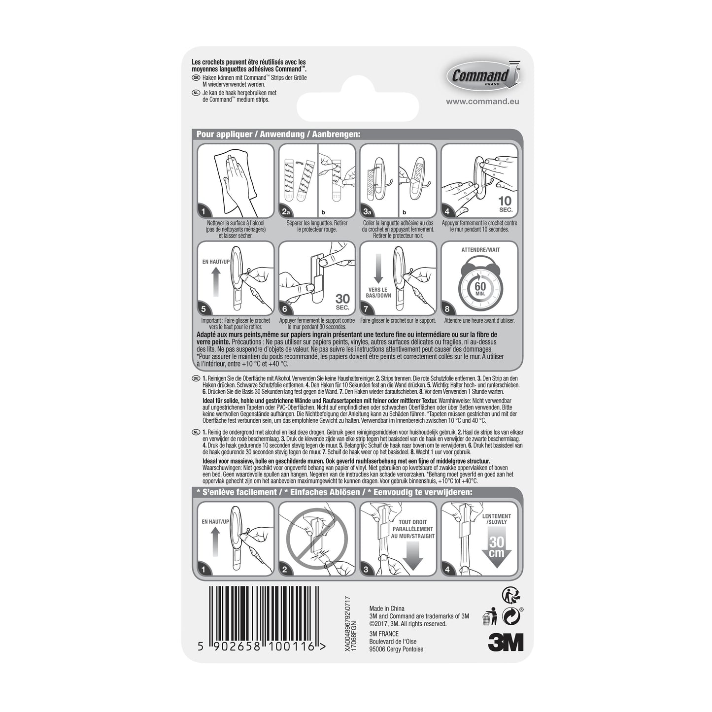 Die Rückseite des Command™ Medium Drahthakens, 17068 von 3M Deutschland GmbH zeigt eine Anleitung zum beschädigungsfreien Aufhängen mit Klebetechnologie, Schritt-für-Schritt-Abbildungen, mehrsprachigen Text und einen Barcode am unteren Rand.