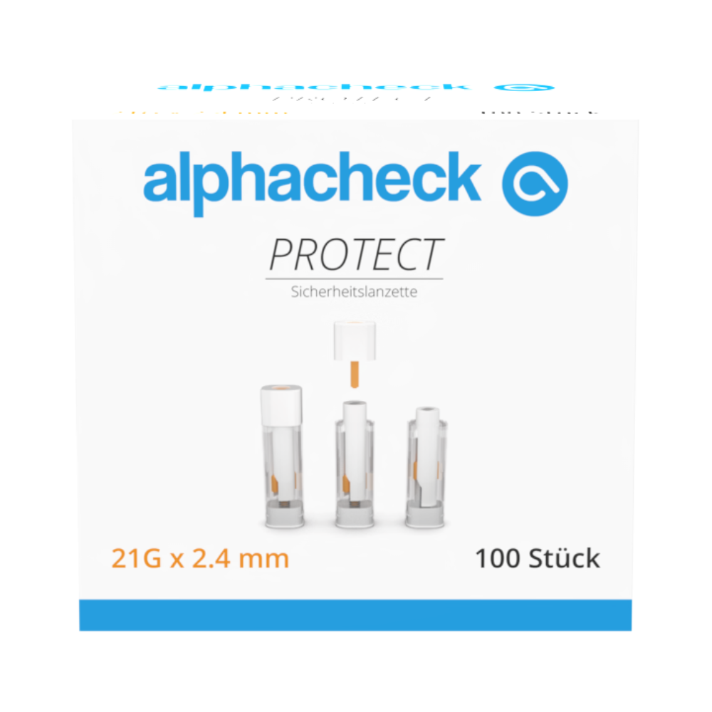 Κουτί με 100 ασφαλείς λαντσετς Alphacheck PROTECT, 21G x 2,4 mm, από την Berger Med GmbH. Η μπροστινή πλευρά δείχνει το όνομα του προϊόντος, το λογότυπο και εικόνες της λαντσετς σε τρία στάδια, τονίζοντας έτσι την ανώδυνη λήψη αίματος.