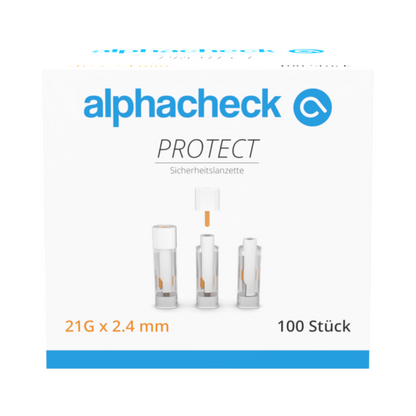 Κουτί με 100 ασφαλείς λαντσετς Alphacheck PROTECT, 21G x 2,4 mm, από την Berger Med GmbH. Η μπροστινή πλευρά δείχνει το όνομα του προϊόντος, το λογότυπο και εικόνες της λαντσετς σε τρία στάδια, τονίζοντας έτσι την ανώδυνη λήψη αίματος.