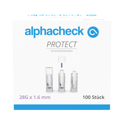 Ένα κουτί με την επιγραφή «alphacheck PROTECT» της Berger Med GmbH περιέχει 100 ασφαλείς λαντσετς Alphacheck PROTECT (28G x 1,6 mm) για ανώδυνη λήψη αίματος. Η μπροστινή πλευρά δείχνει τρεις λαντσετς με κείμενο στα γερμανικά και αγγλικά.