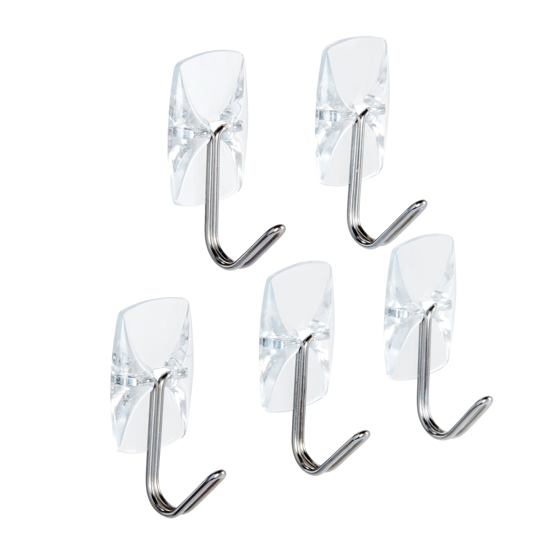 Fünf Command™ Drahthaken, klein, transparent, mit transparenten Strips von 3M Deutschland GmbH sind auf weißem Hintergrund verstreut und zeigen ihr klares rechteckiges Design und die silbernen Drahthaken.