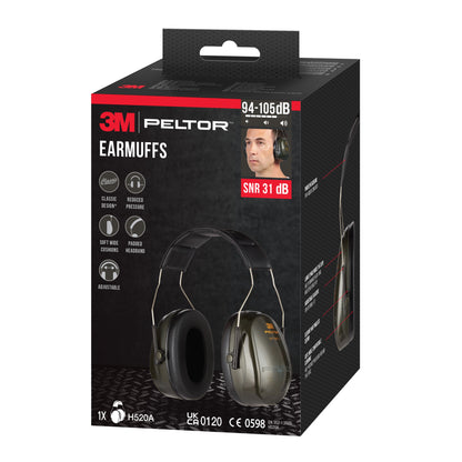Eine Schachtel 3M™ PELTOR™ Optime™ II Kapselgehörschutz H520A (1 Stück, grün) von 3M Deutschland GmbH zeichnet sich durch SNR-Wert 31 dB, verstellbare Passform und weiche Polster für Komfort aus.