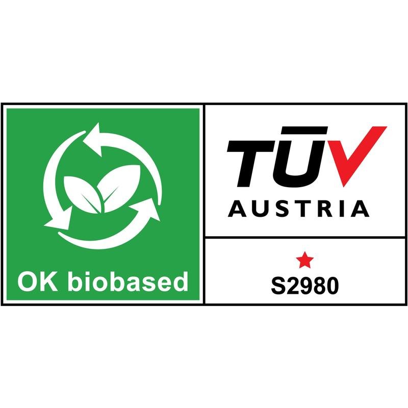 Η Scotch® Magic™ Αόρατη Ταινία της 3M Deutschland GmbH φέρει ετικέτα "OK biobased" με πράσινα φύλλα και βέλη, καθώς και λευκή περιοχή με "TÜV AUSTRIA", "S2980" και ένα κόκκινο αστέρι.