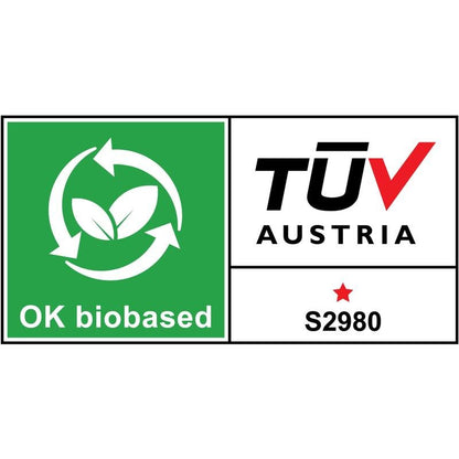 Η Scotch® Magic™ Αόρατη Ταινία της 3M Deutschland GmbH φέρει ετικέτα "OK biobased" με πράσινα φύλλα και βέλη, καθώς και λευκή περιοχή με "TÜV AUSTRIA", "S2980" και ένα κόκκινο αστέρι.