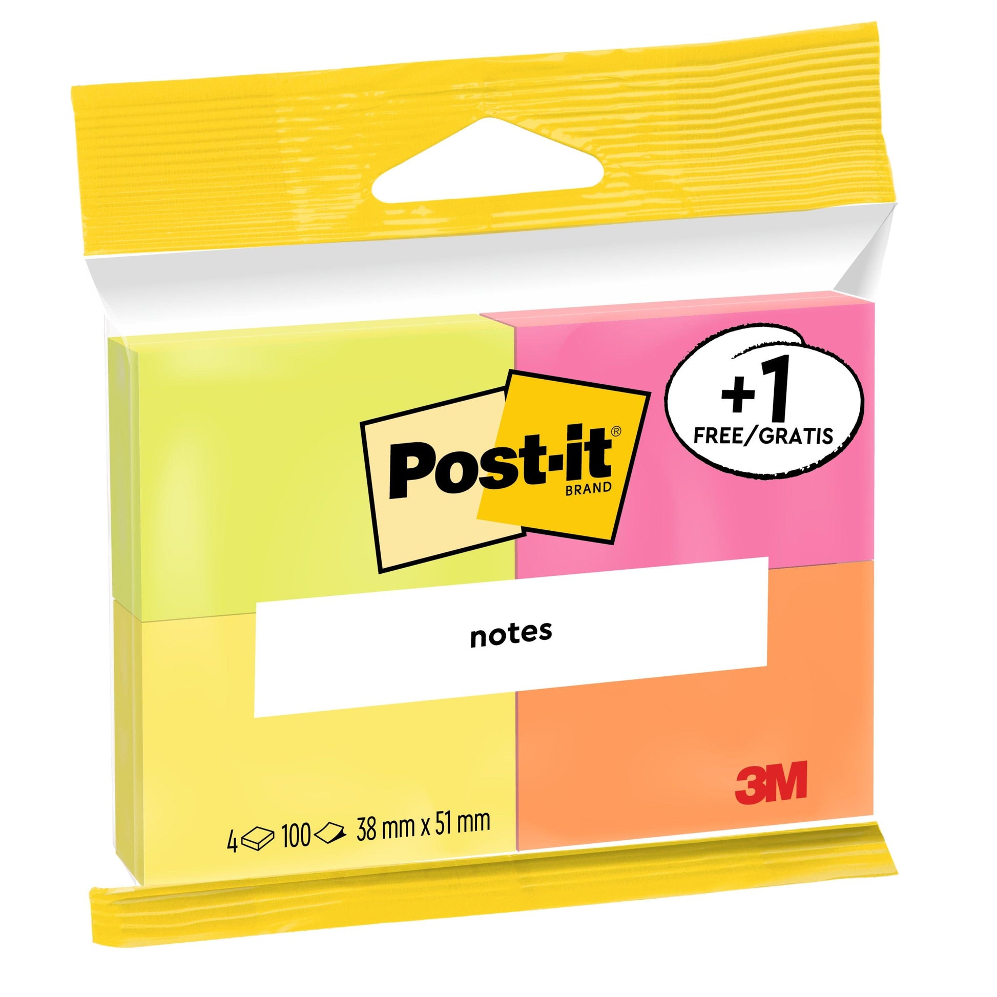Eine Packung Post-it® Notes von 3M Deutschland GmbH in Neonfarben, 38 x 51 mm, 100 Blatt pro Block, 3 Blöcke plus 1 gratis pro Packung, aus 100% PEFC-zertifiziertem Papier (SGSCH-PEFC-COC-110078).