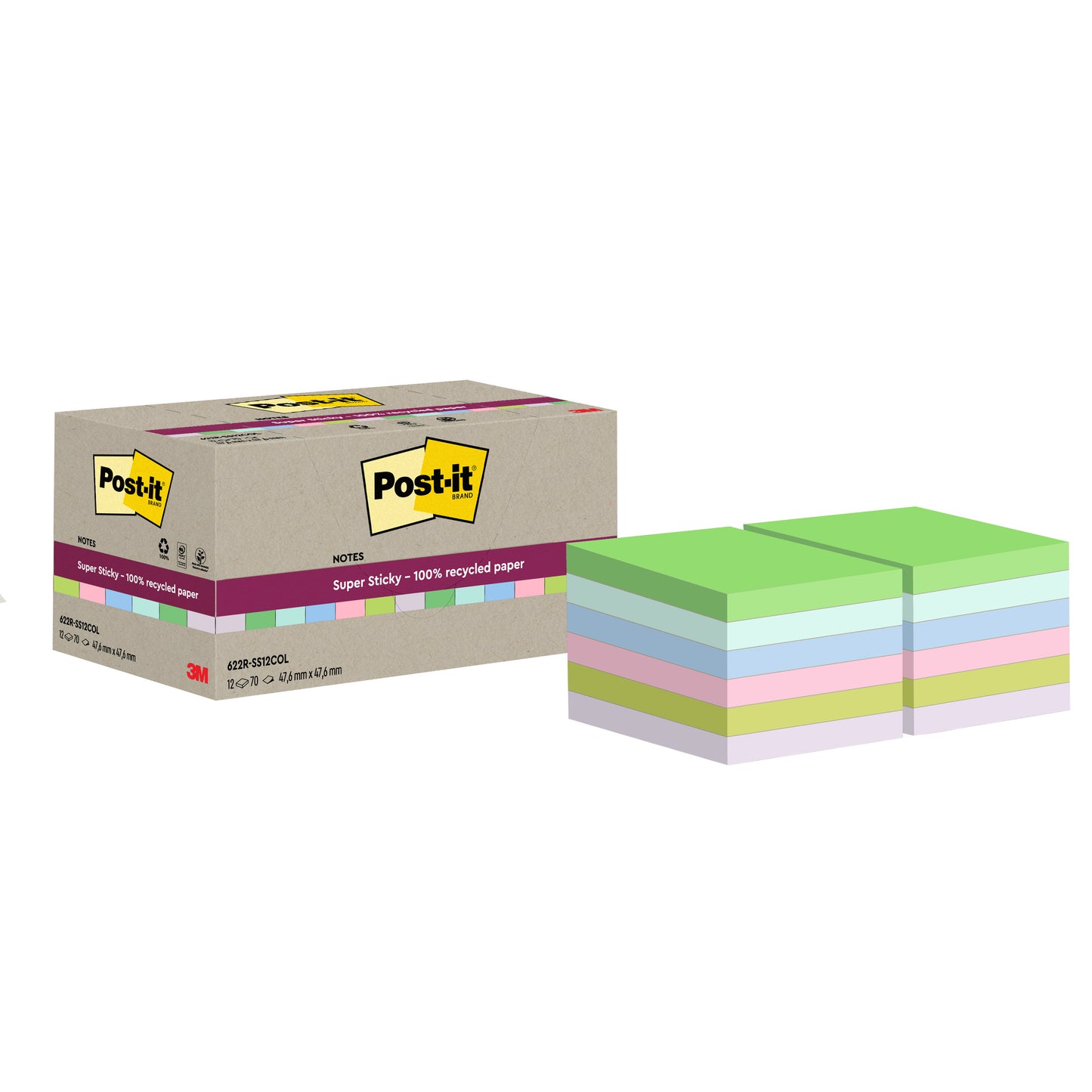Ένα κουτί Post-it® Super Sticky 100% Ανακυκλωμένα Σημειώματα (47,6 x 47,6 mm, 70 φύλλα/μπλοκ, 100% PEFC) από την 3M Deutschland GmbH εμφανίζεται δίπλα σε στοίβες από πράσινα, μπλε, μοβ, ροζ και κίτρινα σημειωματάκια.