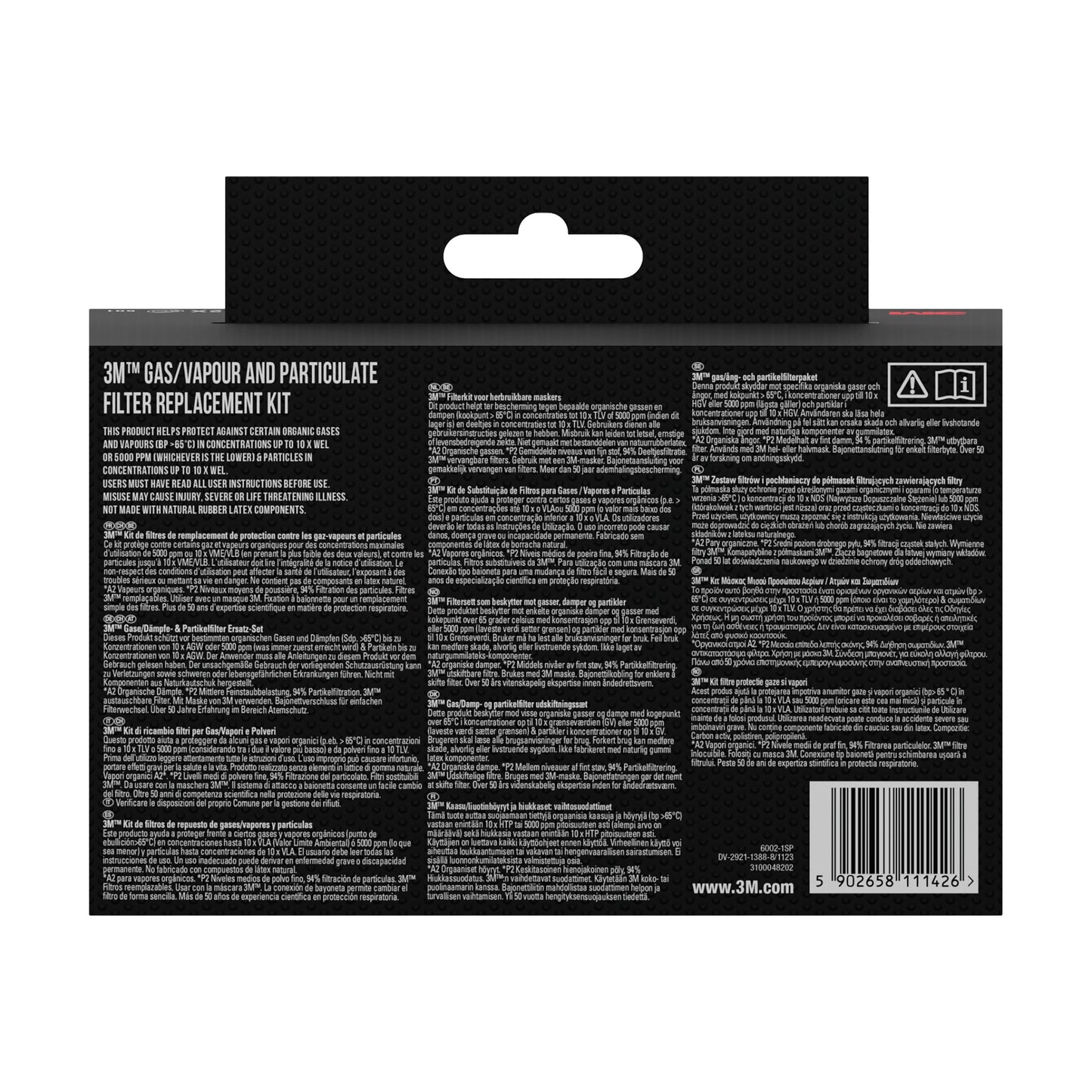 Rückansicht eines 3M™ Filtersatzes 6002-1, A2P2 organische Dämpfe (2x6055, 2x5925, 2x501) | Packung (1 Stück) von 3M Deutschland GmbH, mit Produktdetails, Anweisungen und Warnhinweisen zu organischen Dämpfen in mehreren Sprachen.