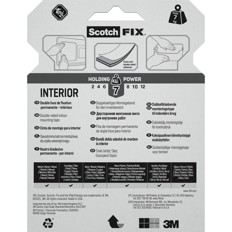 Η συσκευασία της ταινίας διπλής όψης εσωτερικής τοποθέτησης Scotch-FIX™ της 3M Deutschland GmbH δείχνει πολυγλωσσικό κείμενο, εικόνες εφαρμογών και σύμβολα που δείχνουν ότι η ταινία μπορεί να αντέξει έως 7 κιλά.