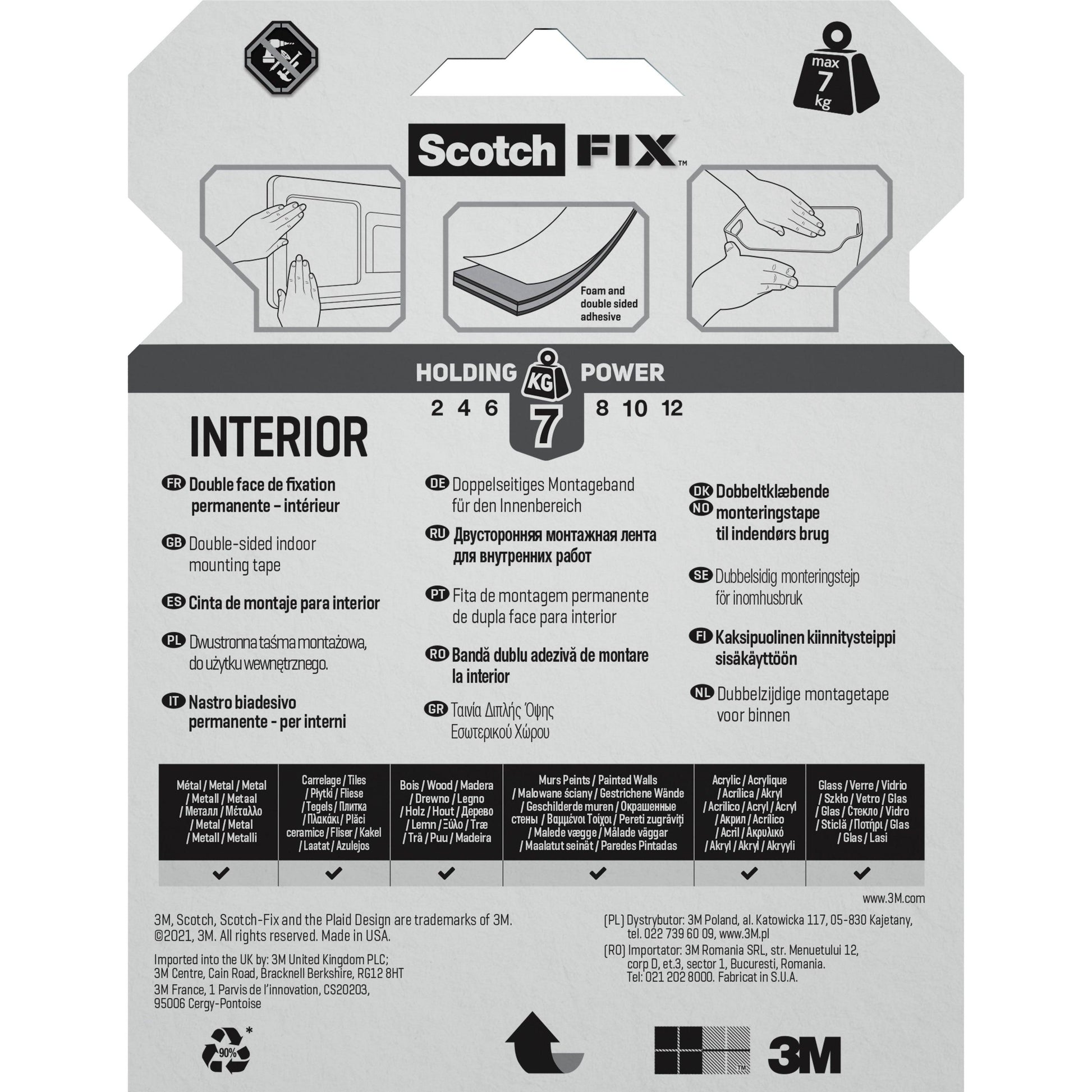 Die Verpackung des Scotch-FIX™ Doppelseitigen Innenmontagebandes der 3M Deutschland GmbH zeigt mehrsprachigen Text, Anwendungsbilder und Symbole, die zeigen, dass das Band bis zu 7 kg tragen kann.
