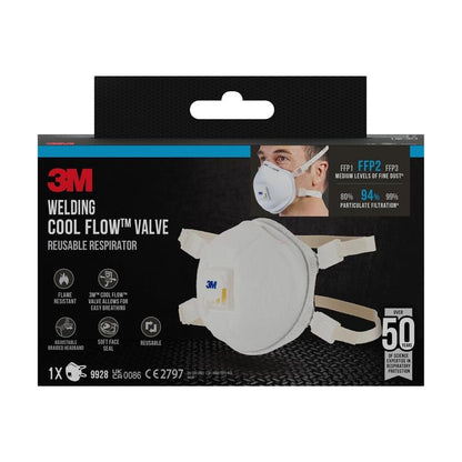 Η μάσκα σωματιδίων 3M™ Cool Flow™ 9928 για εργασίες συγκόλλησης (1 τεμάχιο, από την 3M Deutschland GmbH) προσφέρει προστασία FFP2, βαλβίδα, φιλτράρισμα σωματιδίων και αντοχή στη φλόγα - ιδανική για συγκολλητές με πολλαπλή χρήση.