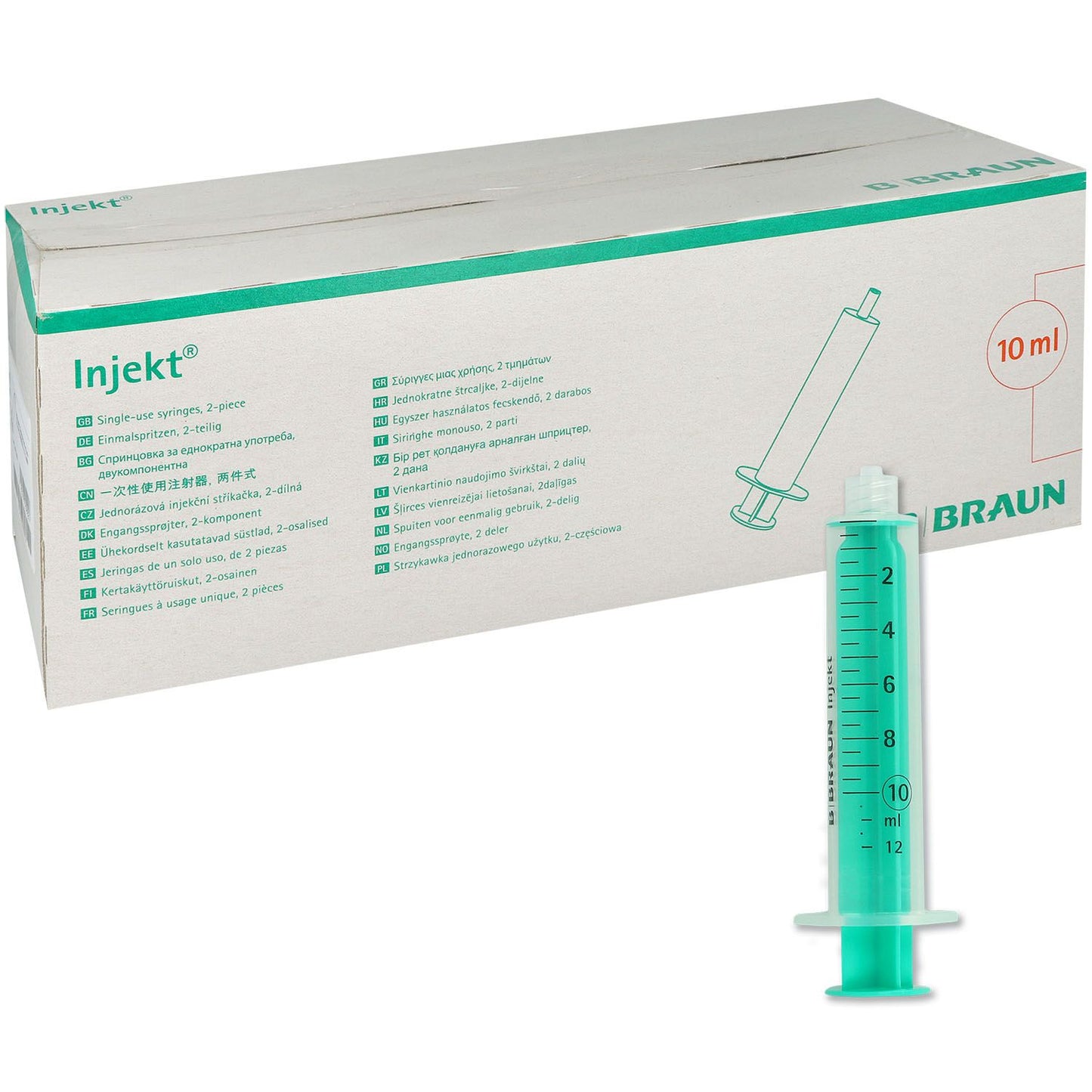 Εμφανίζεται ένα κουτί με την επιγραφή "B. Braun Injekt Solo Spritze, 10ml Luer-Ansatz, exzentrisch | Packung (100 Stück)", μπροστά από το οποίο υπάρχει μια μεμονωμένη πράσινη σύριγγα με γραμμές μέτρησης και έναν διάφανο έμβολο.