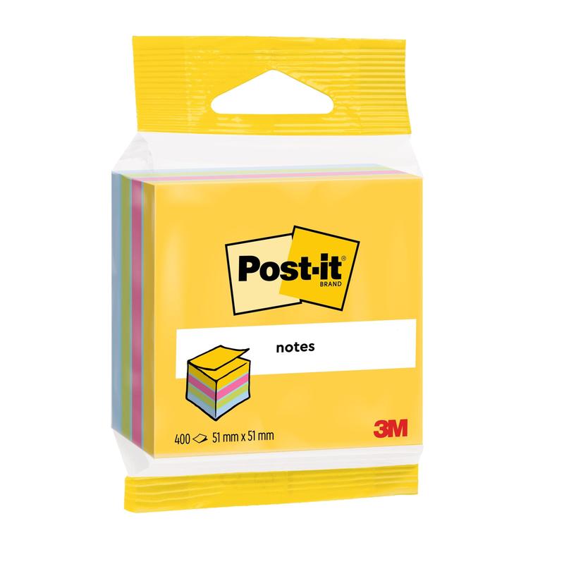 Οι 3M Post-it® Notes Mini Κύβοι από την 3M Deutschland GmbH προσφέρουν 400 φύλλα ανά μπλοκ σε ταξινομημένα χρώματα, μέγεθος 51 mm x 51 mm, με κίτρινη συσκευασία και καθαρό μπροστινό μέρος. Κατασκευασμένα από χαρτί πιστοποιημένο κατά 100% PEFC.