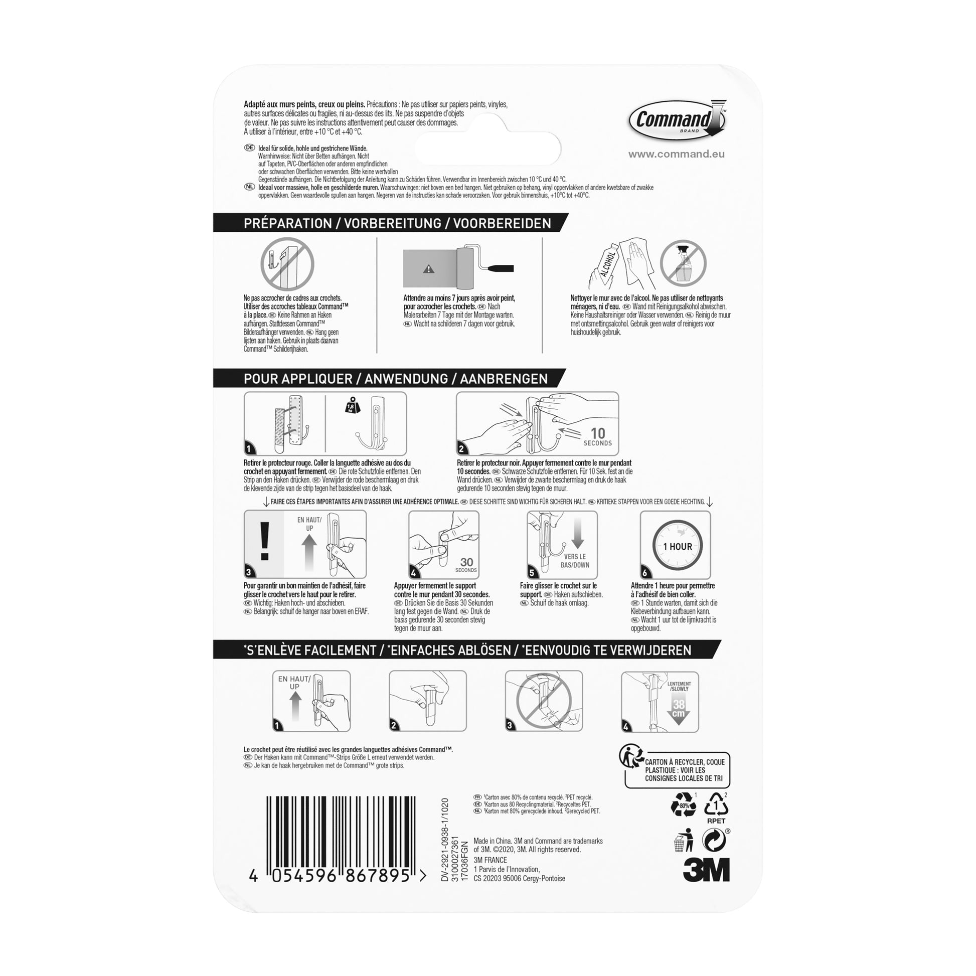 Der Großer Command™ Doppelhaken in gebürstetem Nickel (17036) von 3M Deutschland GmbH verfügt über eine Verpackung mit bebilderter, mehrsprachiger Anleitung zum Anbringen und Entfernen des Klebestreifens sowie Produktdetails am unteren Rand.