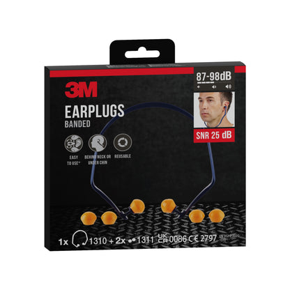 Abgebildet ist eine Schachtel 3M™ Bügelgehörschutz 1310 + 2 Paar Ersatzstöpsel (SNR 24-25 dB, orange) der 3M Deutschland GmbH mit dem Foto eines Trägers und Angaben zur Lärmminderung (87-98 dB) auf der Verpackung.