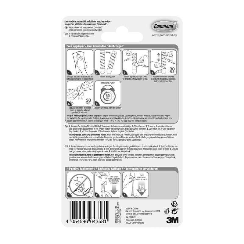 Στην πίσω πλευρά του Command™ Μεταλλικού γάντζου μέγεθος S, χρυσό χρώμα, 17032BR-4ES (4 γάντζοι, 5 λωρίδες) από την 3M Deutschland GmbH υπάρχουν εικονογραφημένες οδηγίες, πολυγλωσσικό κείμενο, προειδοποιήσεις, ένας γραμμωτός κώδικας και πληροφορίες εταιρείας για την τοποθέτηση/αφαίρεση των γάντζων.