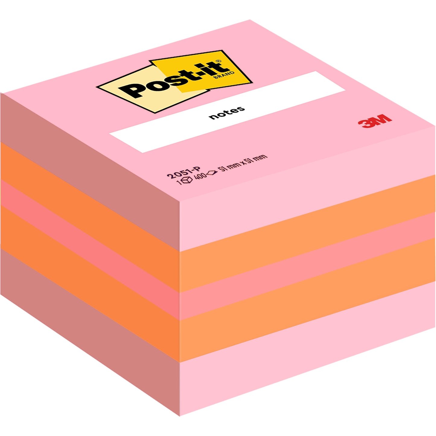 Ein Stapel Post-it® Notes Mini Würfel, 51 mm x 51 mm, 400 Blatt/Block von 3M Deutschland GmbH, mit rosa und orangefarbenen Blättern und sichtbarem Branding auf dem obersten Zettel.