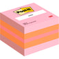 Ein Stapel Post-it® Notes Mini Würfel, 51 mm x 51 mm, 400 Blatt/Block von 3M Deutschland GmbH, mit rosa und orangefarbenen Blättern und sichtbarem Branding auf dem obersten Zettel.