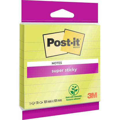 Μια συσκευασία 3M Post-it® Super Sticky Notes μεγάλου μεγέθους, πράσινη, γραμμωτή, 101 x 101 mm, 70 φύλλα ανά μπλοκ. Κατασκευασμένο από την 3M Deutschland GmbH, πιστοποιημένο από PEFC (SGSCH-PEFC-COC-110078) με κόλλα από ανανεώσιμες πρώτες ύλες.
