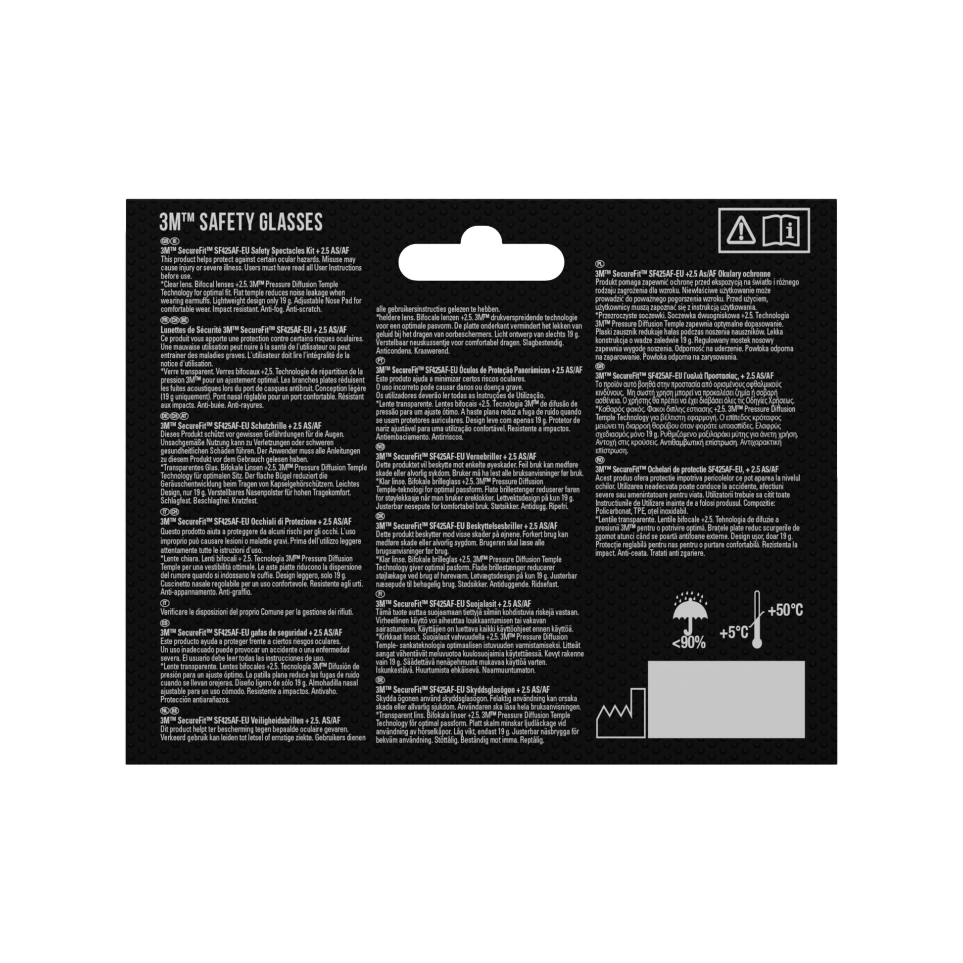 Die schwarze Verpackung der 3M™ SecureFit™ Lese-Schutzbrille von 3M Deutschland GmbH hat eine weiße, mehrsprachige Anleitung, eine Aufhängelasche an der Oberseite und kleine Warnsymbole in der rechten oberen Ecke.