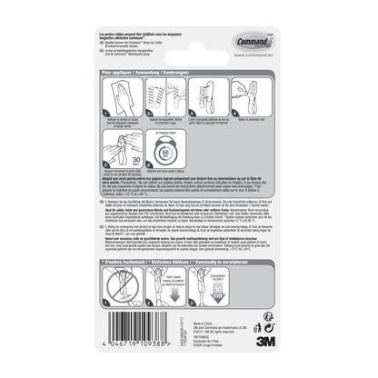 Die Command™ Kabelhalter, 17304-FR-Verpackung der 3M Deutschland GmbH enthält Anleitungen in Französisch, Deutsch und Niederländisch zum Anbringen und Entfernen von Klebehaken mit Abbildungen zur Kabelorganisation und Produktdetails am unteren Rand.